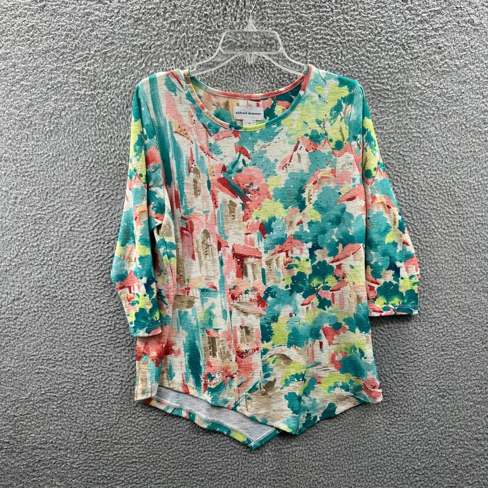 Women Artsy Tunic Top M Scenic Landscape Coastal Rhinestone Asymmetrical Stretch